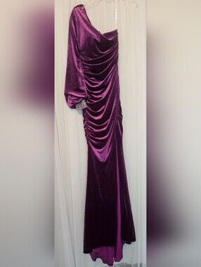 Sophia Thomas One-Shoulder Ruched Velvet Evening Gown in Deep Plum Size 4